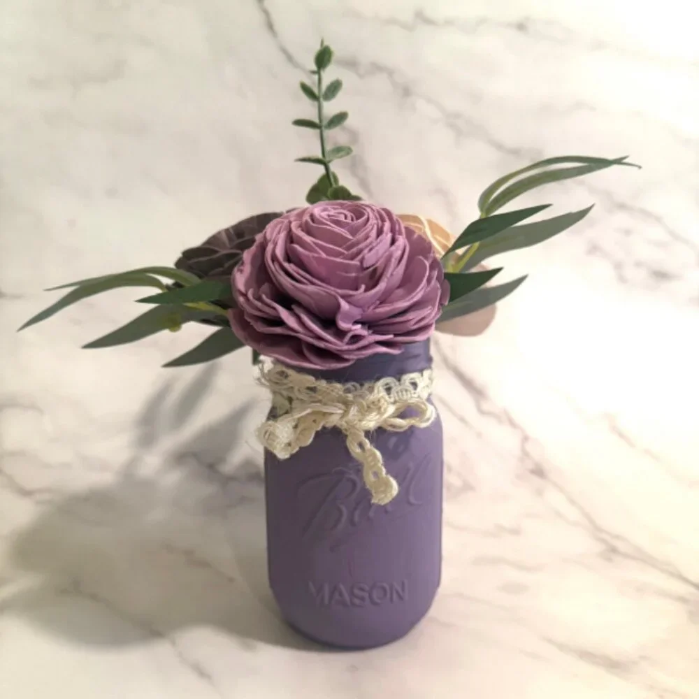 Sola Wood Flower Cream Plum Rose Arrangement in Lavender Mason Jar, Home Decor
